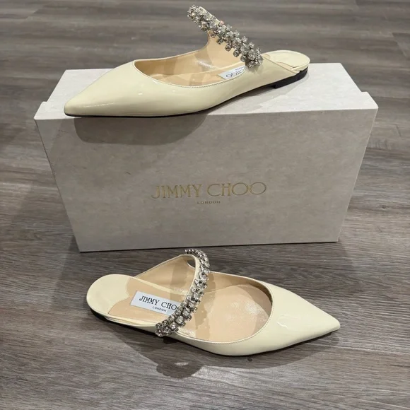 Jimmy Choo Bing Crystal Strap Patent Leather in Linen Mule Flats - Picture 2 of 16